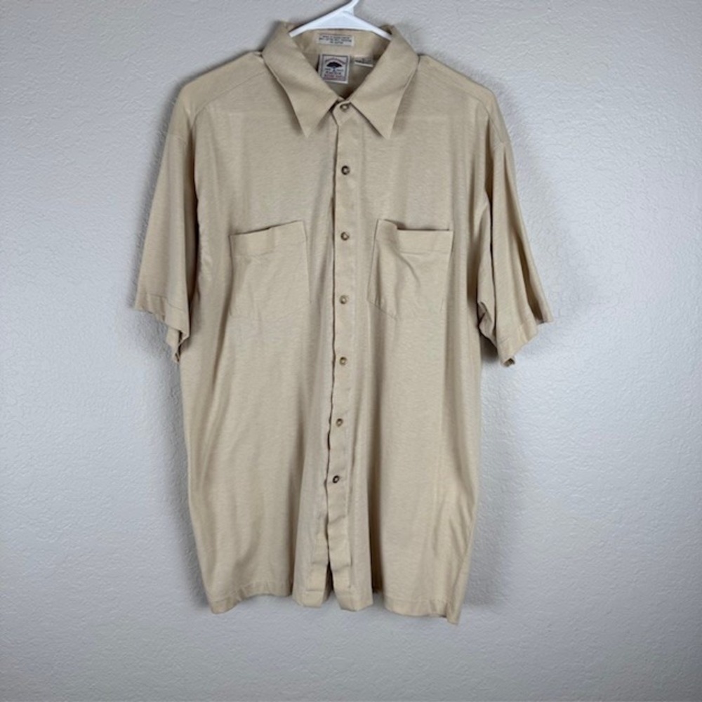 Vintage Manhattan Nature Knit Shirt Large Tan Beige Short Sleeve Dual Pocket L